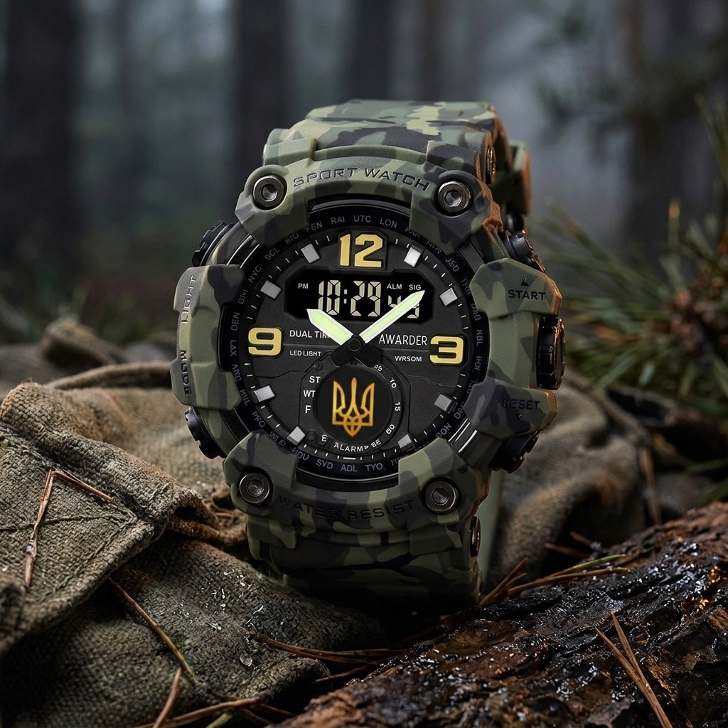 Awarder 004 «Тризуб» Camo Green, золотистий тризуб — чоловічий тактичний кварцовий годинник з електронним табло